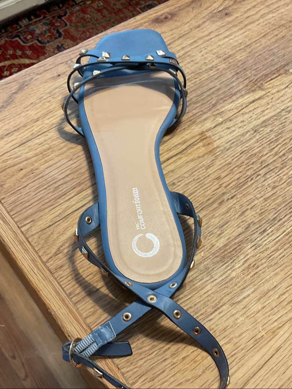 Blue Studded Women’s Ankle-Strap Flat Sandal